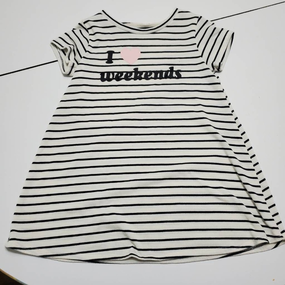 Grayson Mini Girls A-Line Dress White Striped I Love Weekends Short Sleeve 4T
